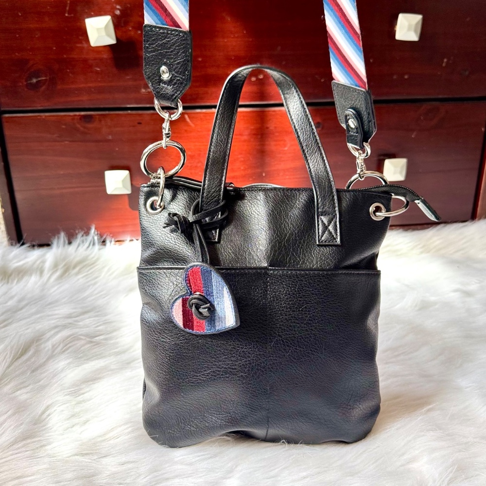 Black Faux Leather Mini Tote‎ Heart Cutout Crossbody Bag